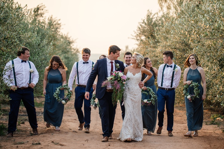 Bridal entourage photos in an olive grove