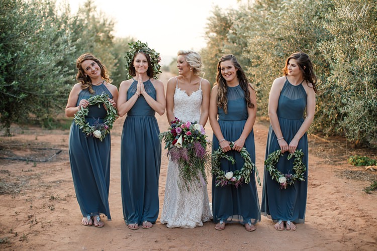 Bridesmaids photos in the olive grove at Surval Boutique Olive Estate