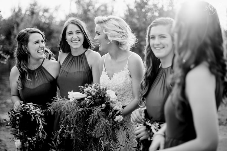 Bridesmaids laugh in the late afternoon light at Surval Boutique Olive Estate in the karoo