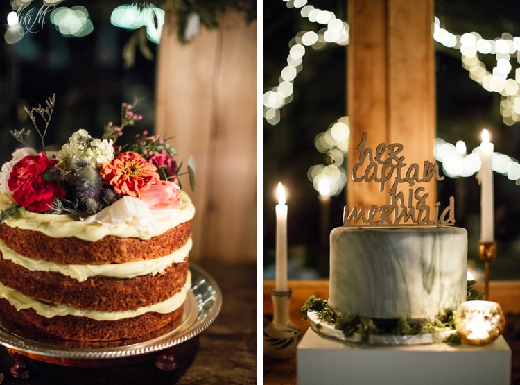 naked wedding cake and marble effect wedding cake