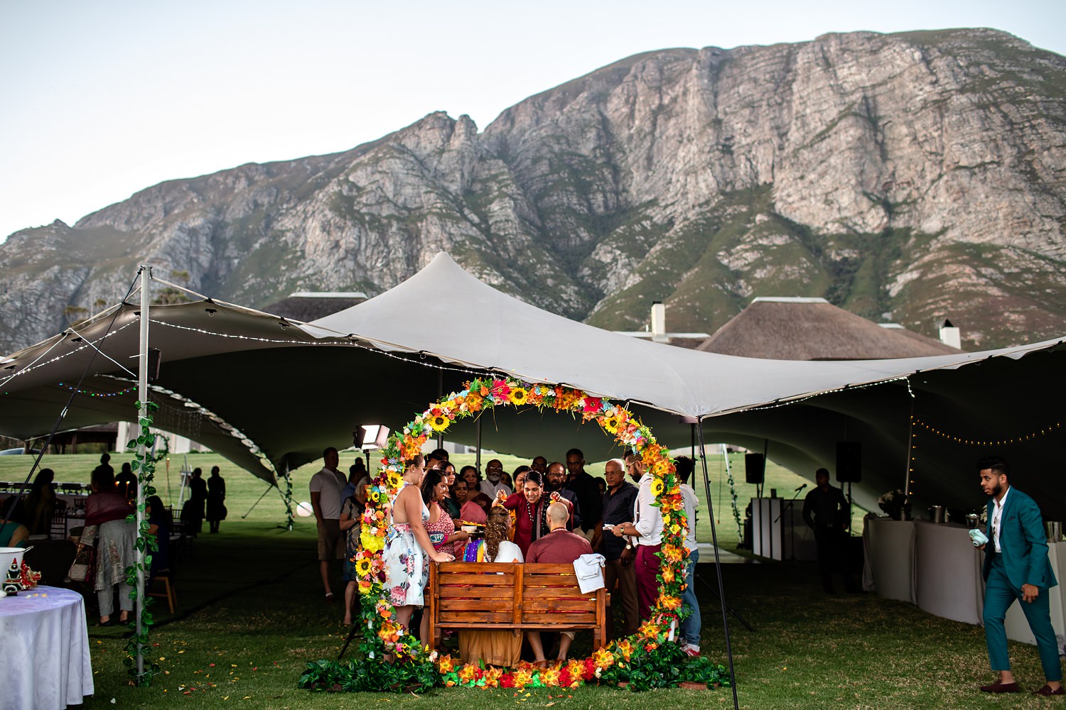 Pithi ceremony taking place in front of the Hermanus mountains at The Thatch House