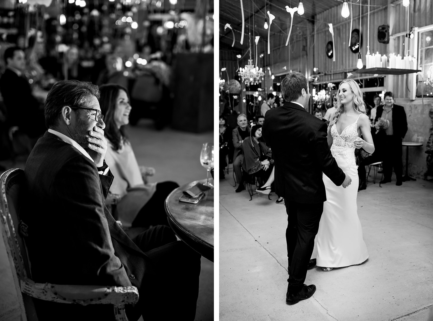 Guests look on smiling as the bride and groom open the dancefloor with their first dance in these black and white wedding photographs from The Rose Barn