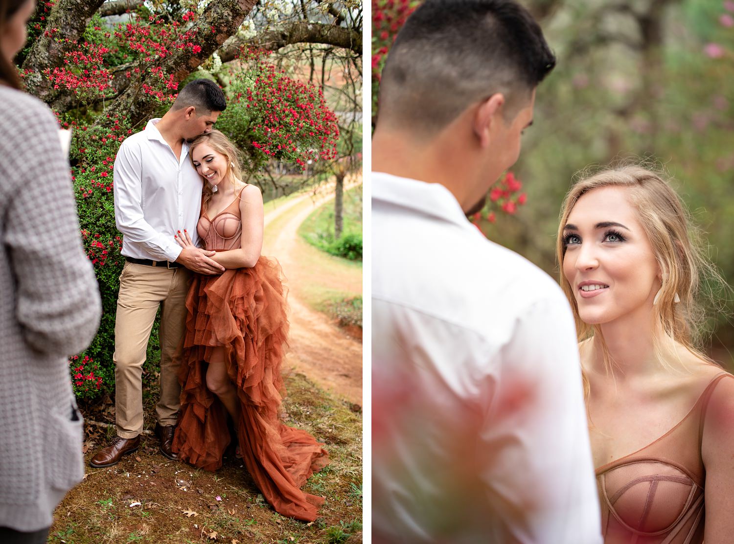 Tender moments during the ceremony of an elopement in front of the azaleas of Cheerio Gardens in Magoebaskloof
