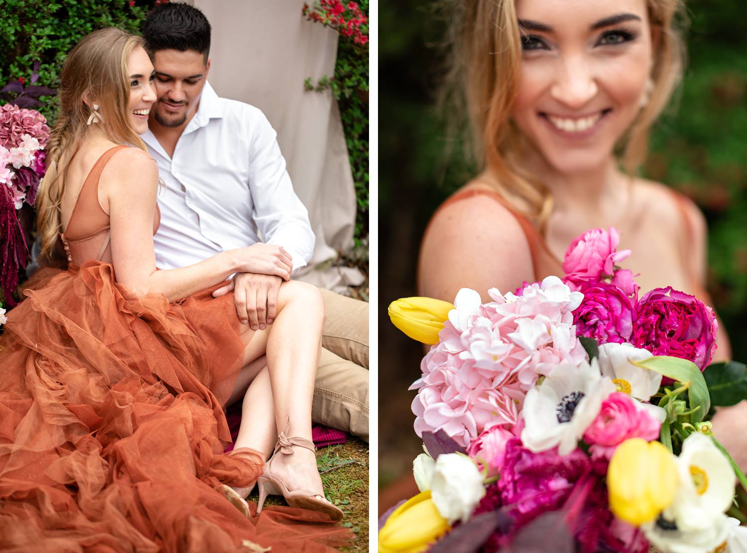 The blonde bride with loose fishtail braid models a colourful bouquet with anemones, country roses and tulips, and an alternative burnt orange wedding dress with nude heels