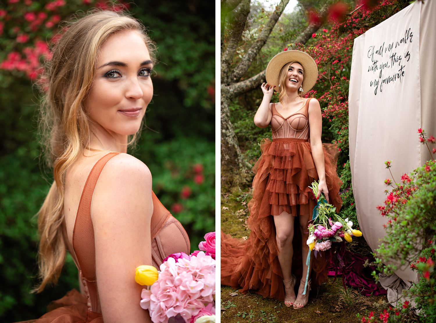 The blonde bride with loose fishtail braid models an alternative burnt orange wedding dress by Silver Swallow Designs, and a trendy straw hat.