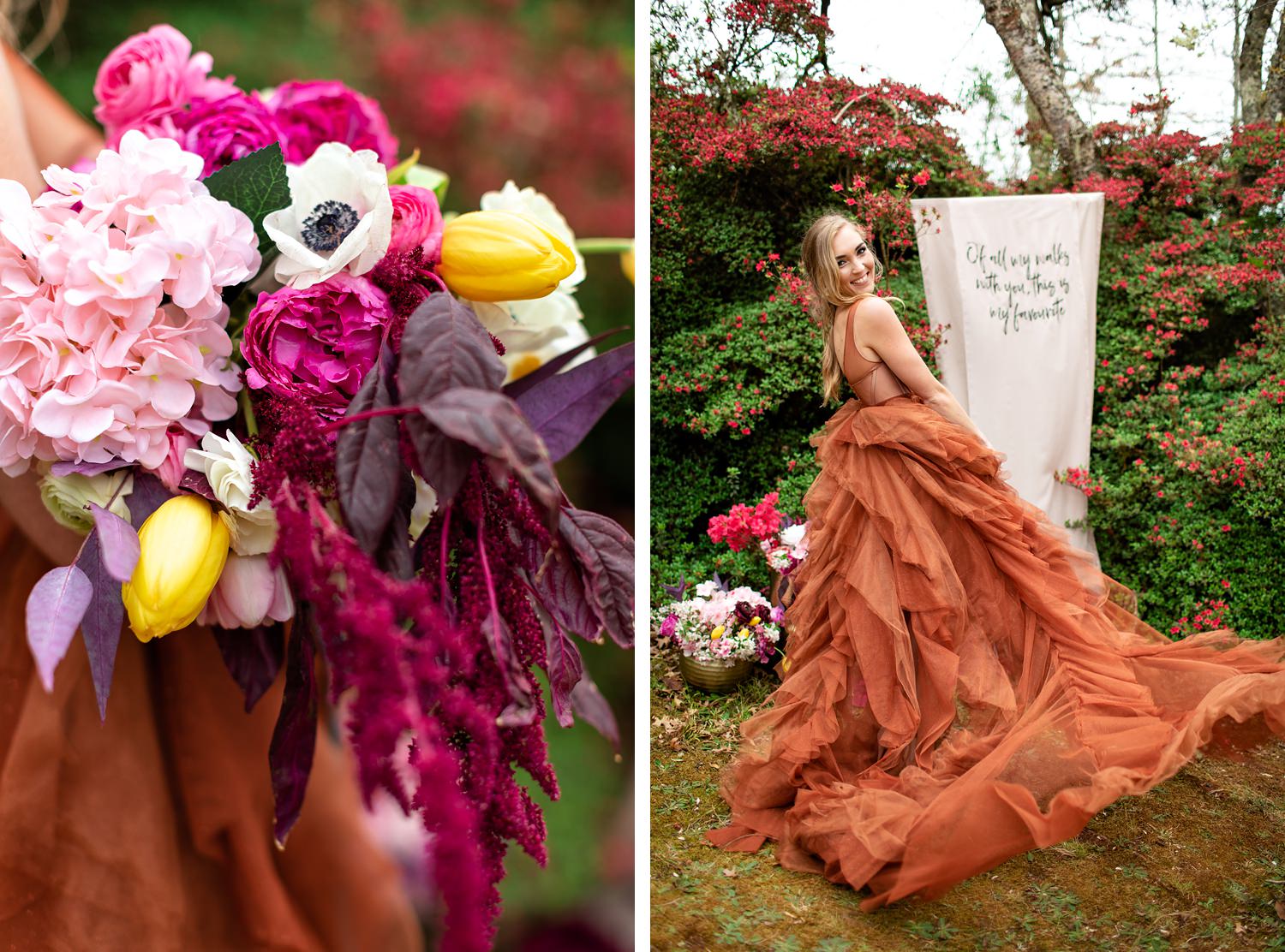 The blonde bride with loose fishtail braid models a colourful bouquet with anemones, country roses and tulips, and an alternative burnt orange wedding dress.