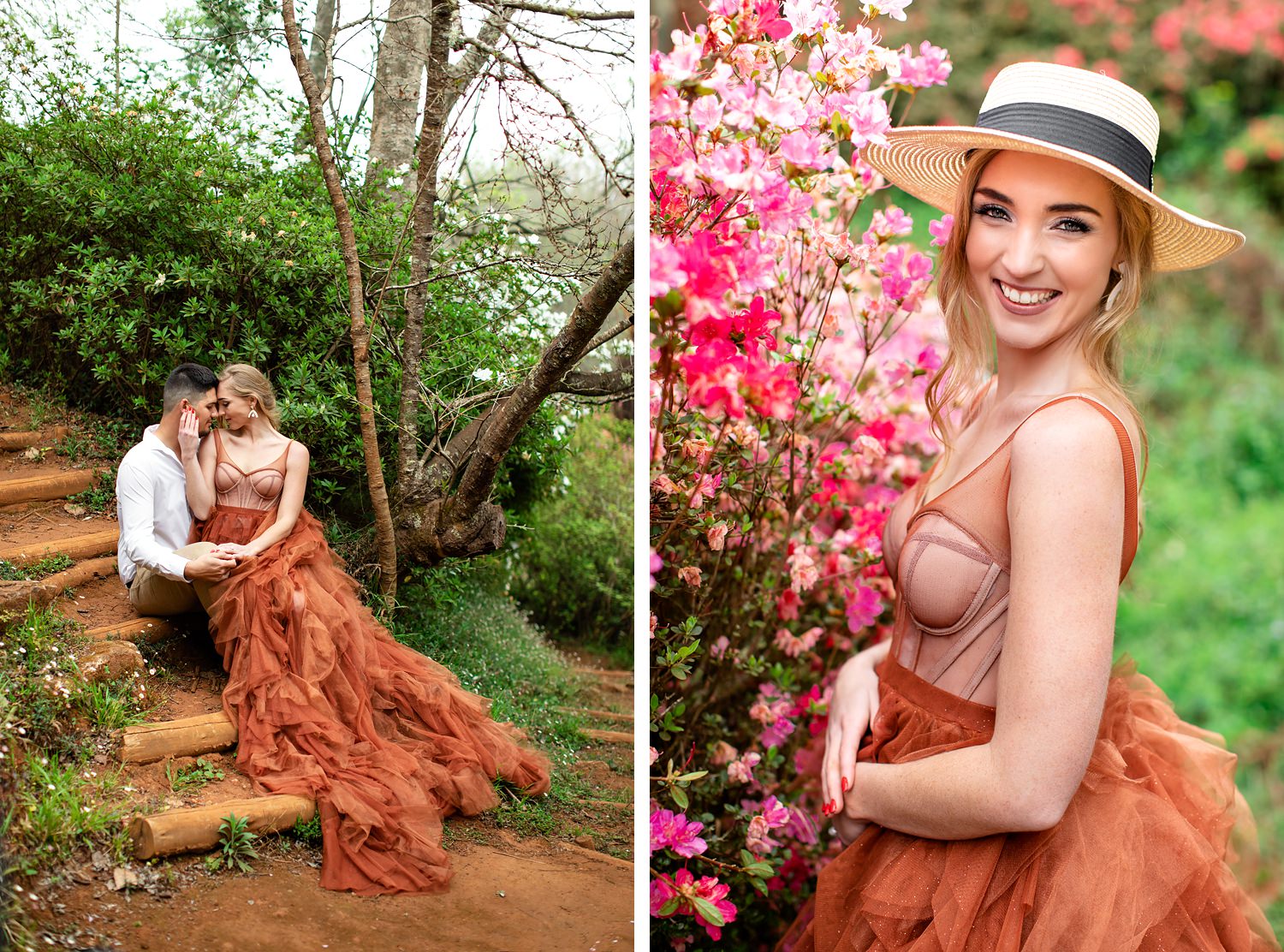 The bride and groom pose amongst the azaleas at their elopement in Magoebaskloof