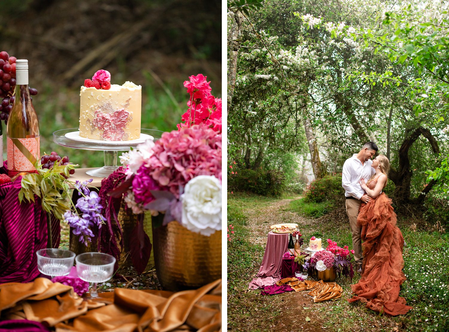 An elopement picnic awaits the bridal couple after their photoshoot, with burgundy and gold velvet lining the tables, a beautiful floral cake by Antonios Cakes and Treats, and champagne from Newstead Wines.