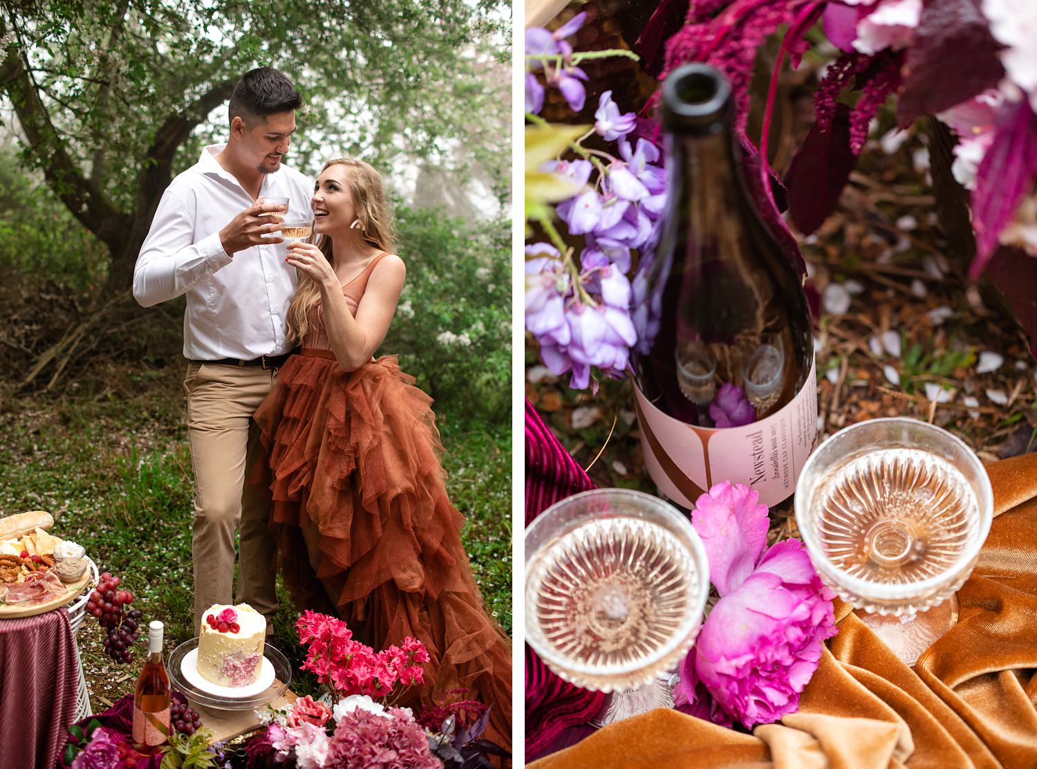 The bridal couple open Newstead Champagne at their elopement picnic