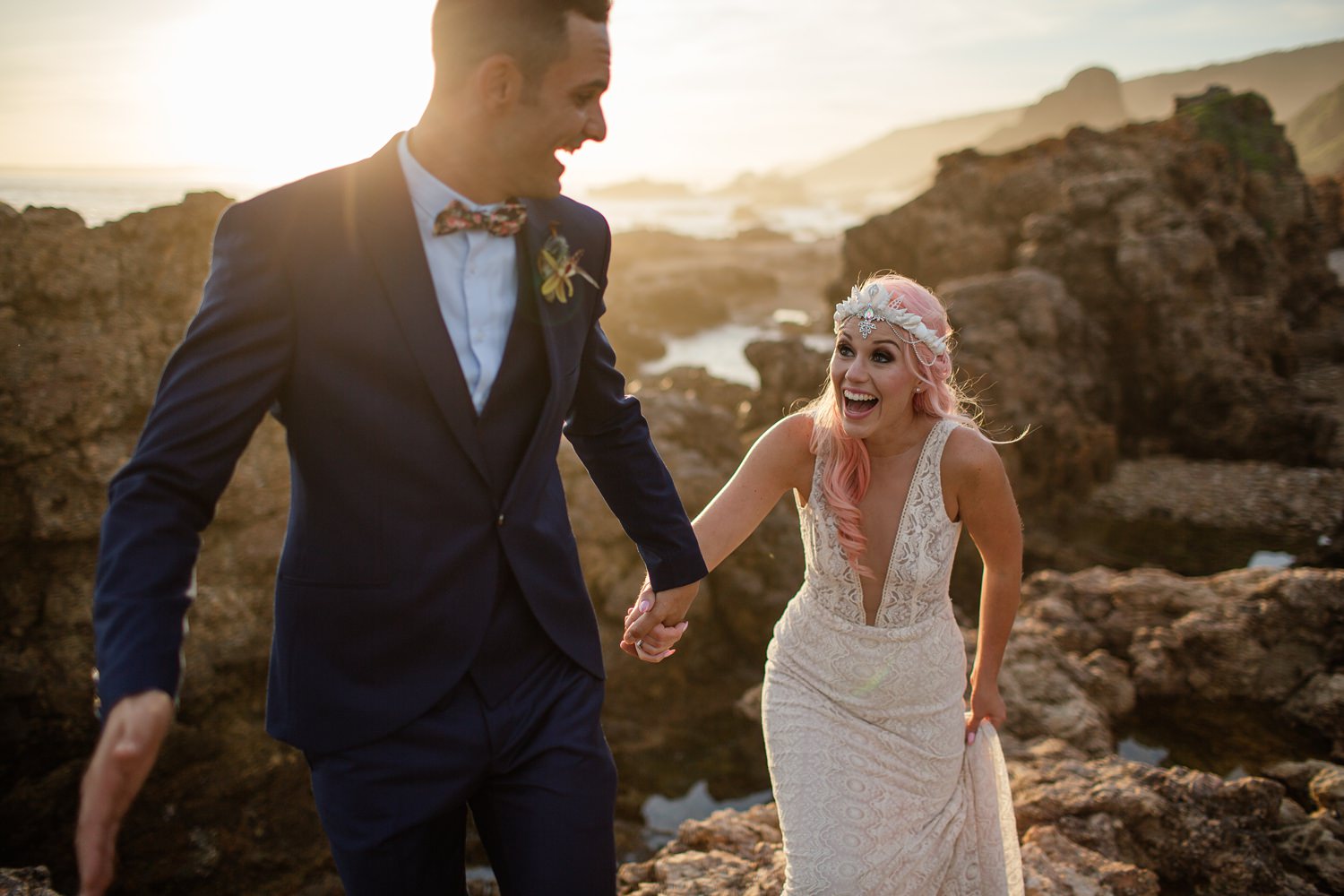 Couple on their private beach at Forest Hall after moving their ceremony to the lawn