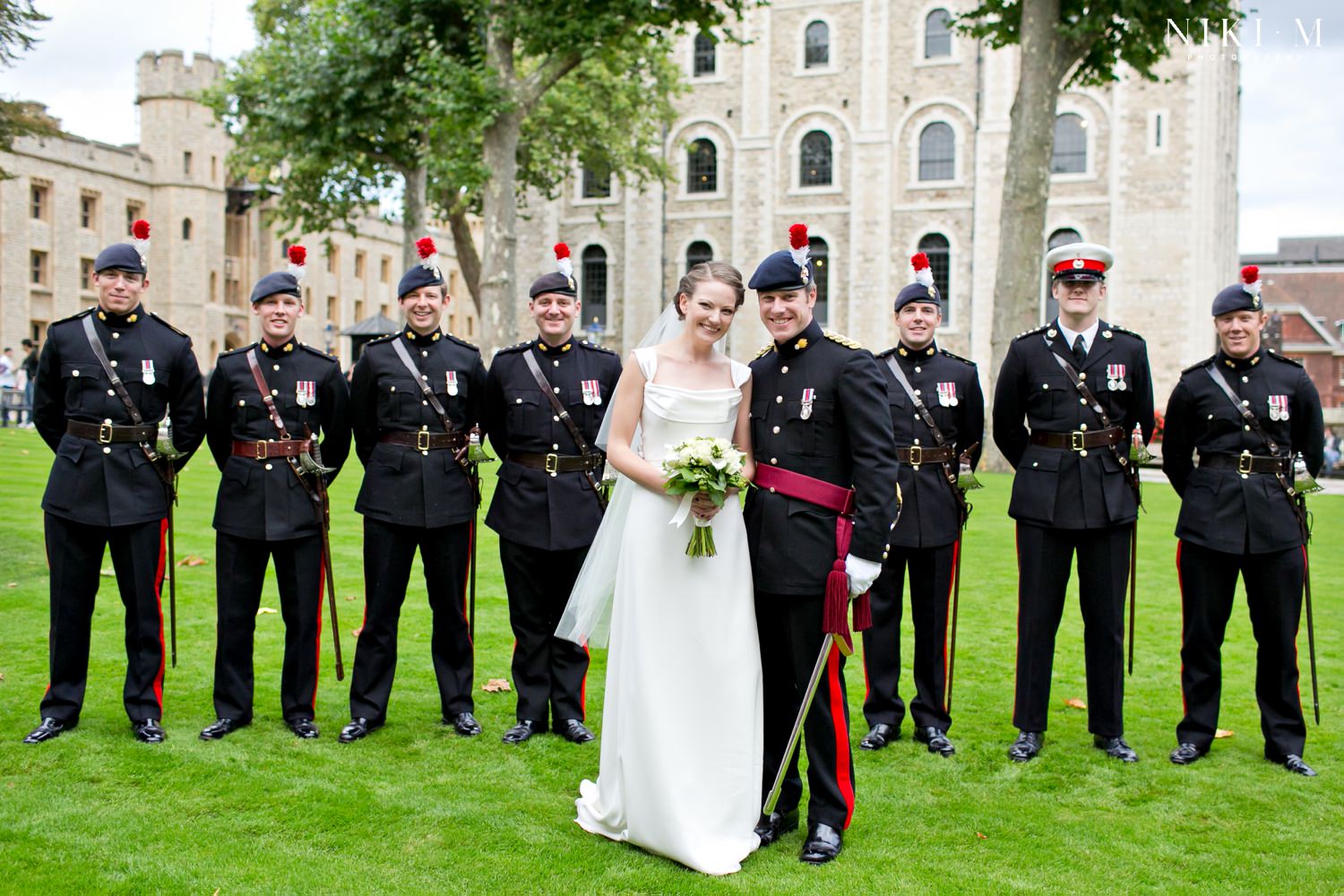 Couple with the Royal Fusiliers at a Tower of London Wedding