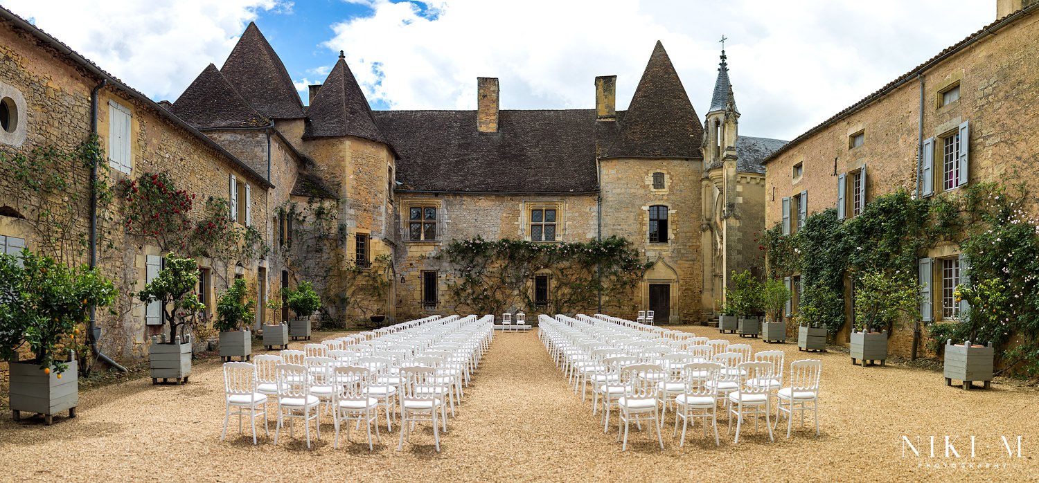 The cermeony area at Chateau de la Bourlie Dordogne Wedding Venue