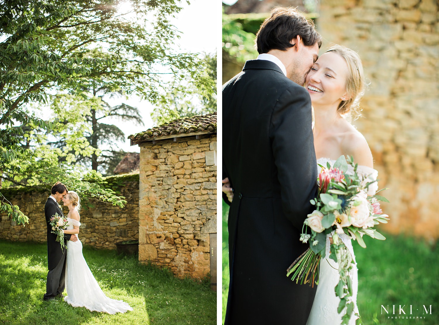 Bride and groom in front of old stone building at Chateau de la Bourlie Dordogne wedding venue