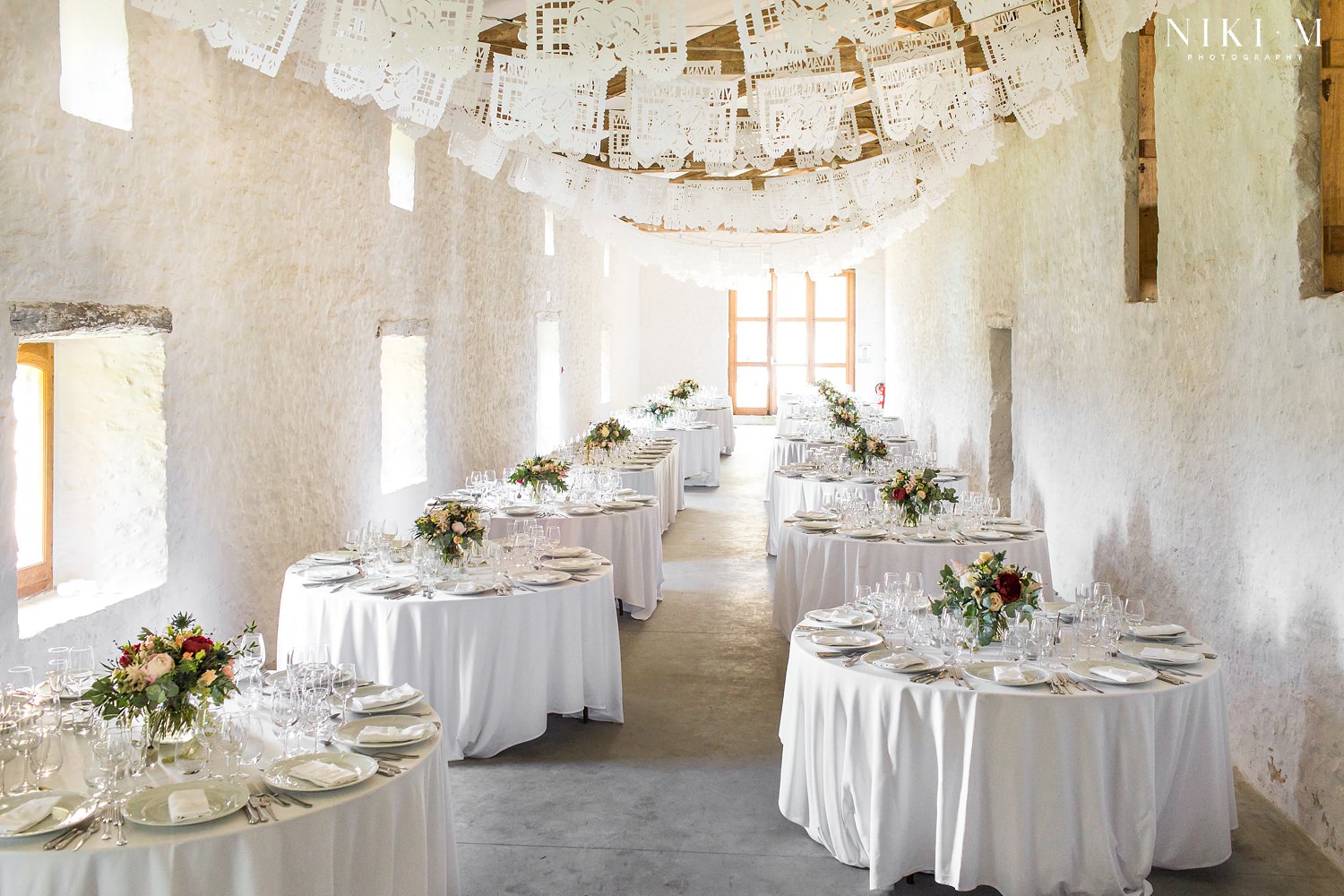 Wedding reception hall at Chateau de la Bourlie for a Dordogne wedding