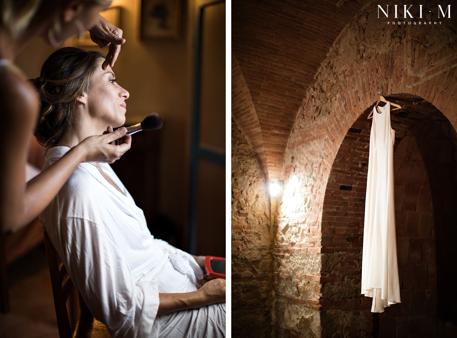A bride has her make-up done at her Tuscany wedding venue, Villa Ricrio
