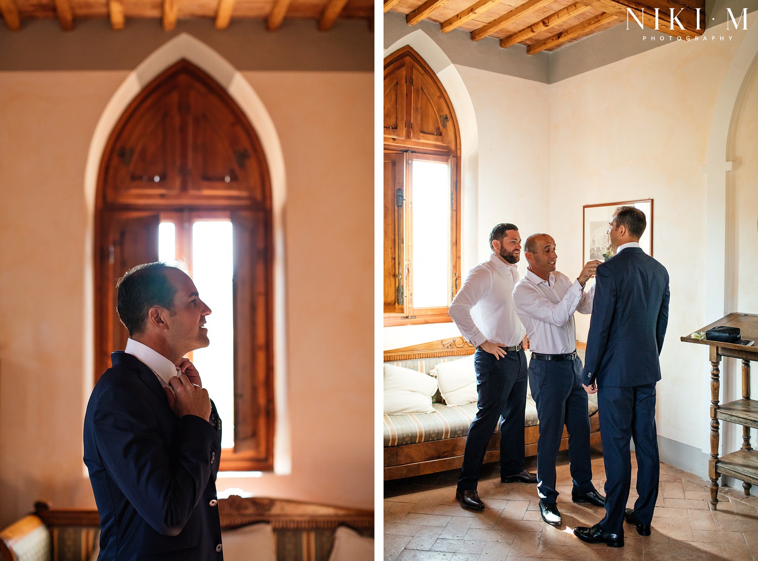 A groom gets ready before the big day at his Tuscany wedding venue, Villa Ricrio