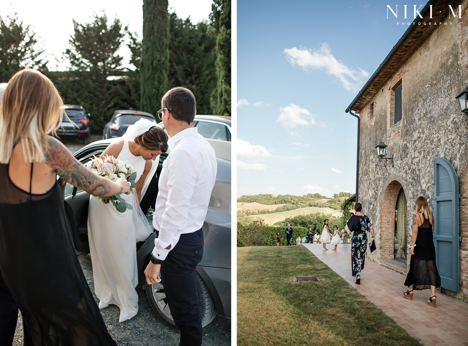 The bride arrives at her wedding ceremony in Tuscany
