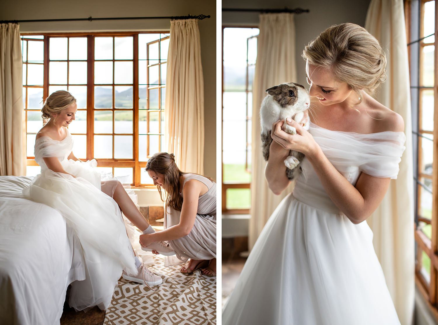 A bride and her bunny rabbit on her wedding day.