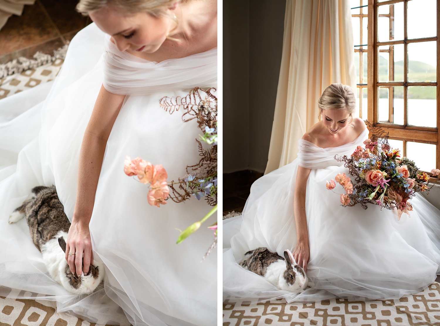 A bride leans down to pat her bunny rabbit on her wedding day.