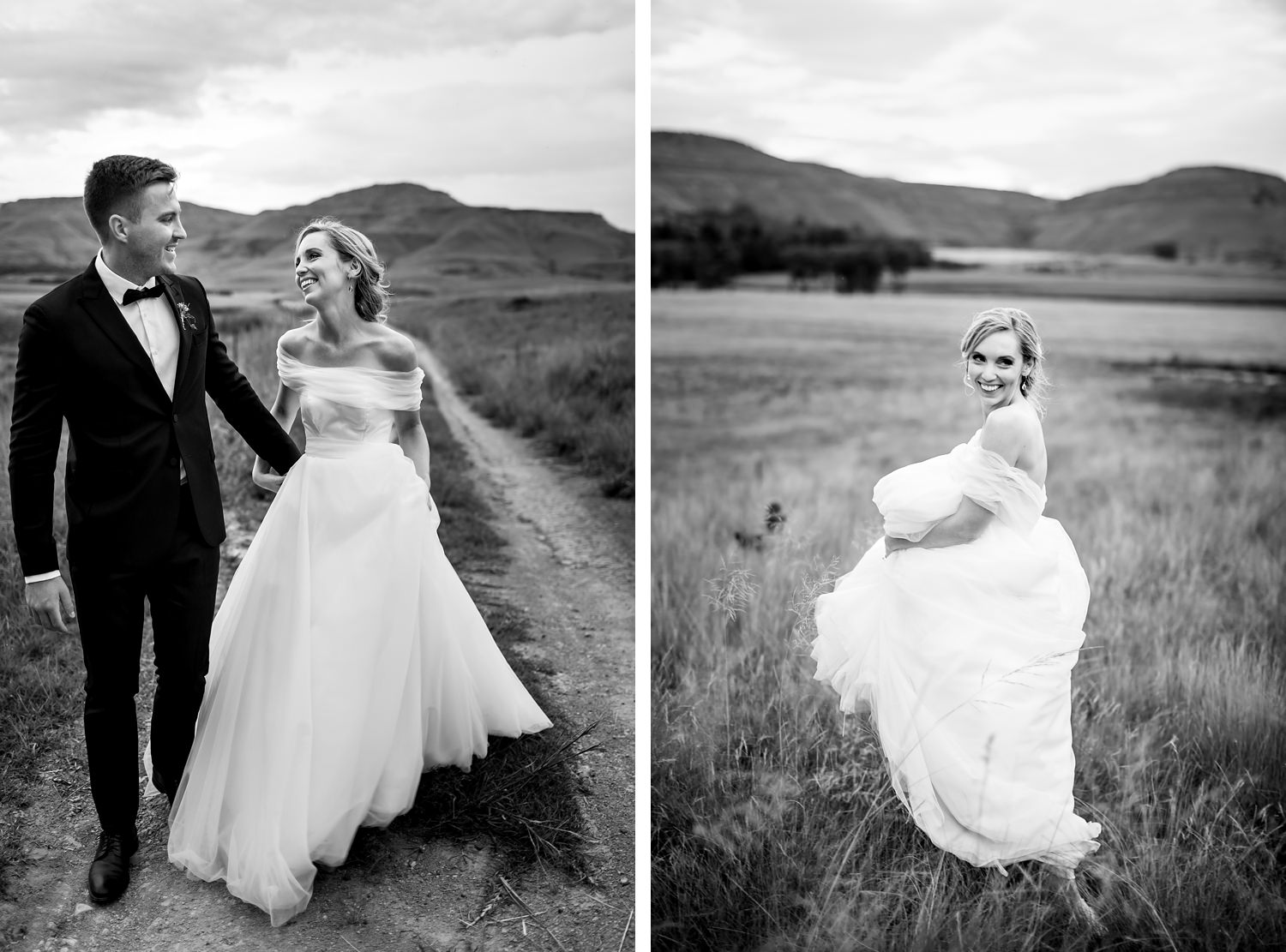 Black and white images of a bride and groom at the Drakensberg wedding