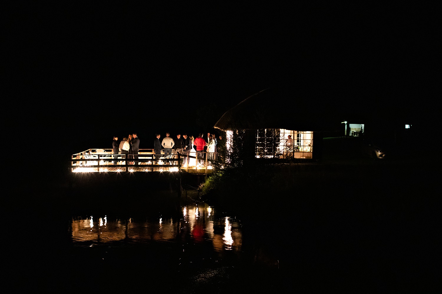 Drakensberg wedding venue St Bernards Lake lit up at night.