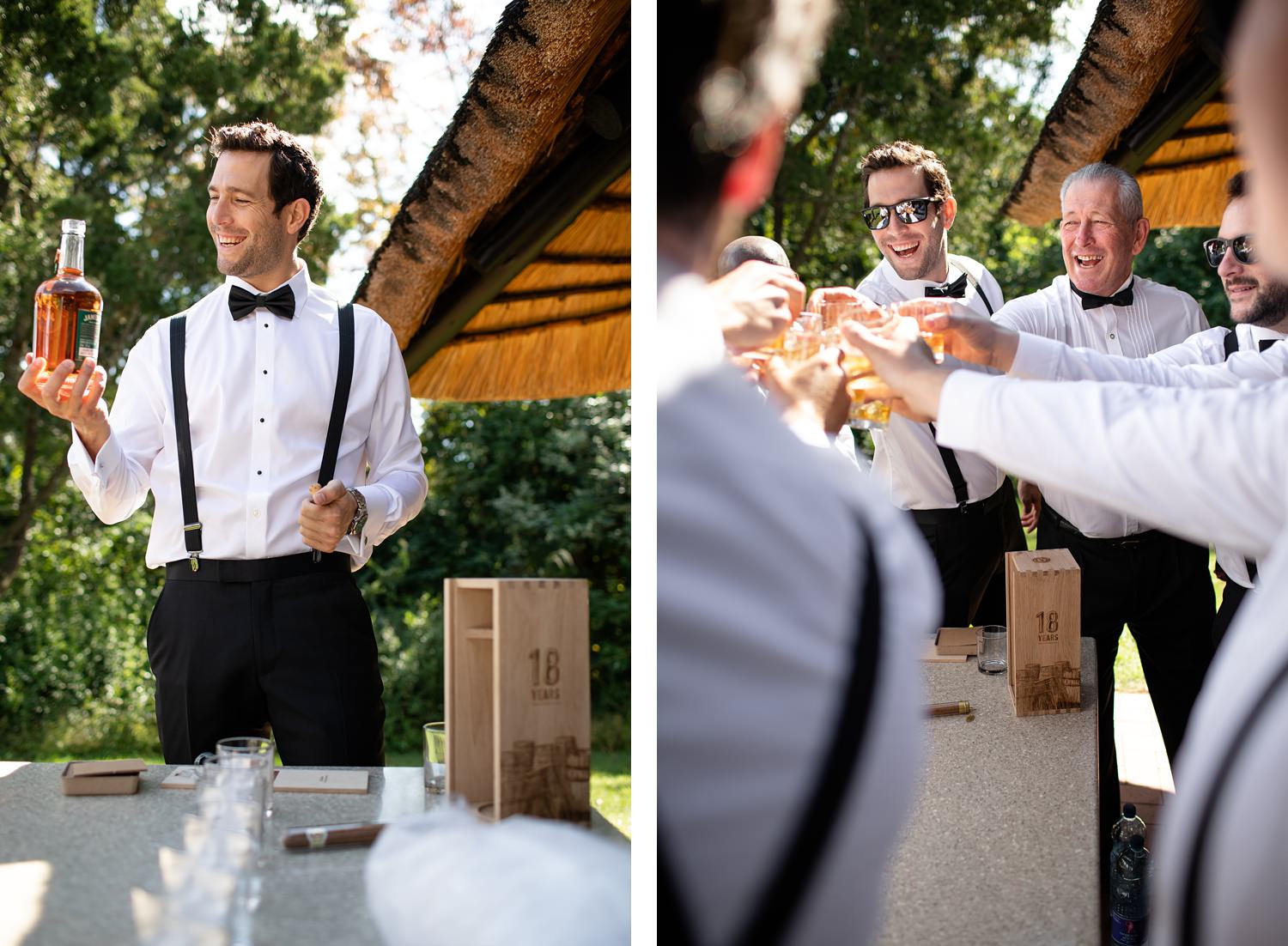 Bridal party celebrate with whiskey at Central Drakensberg wedding venue Champagne Sports Resort