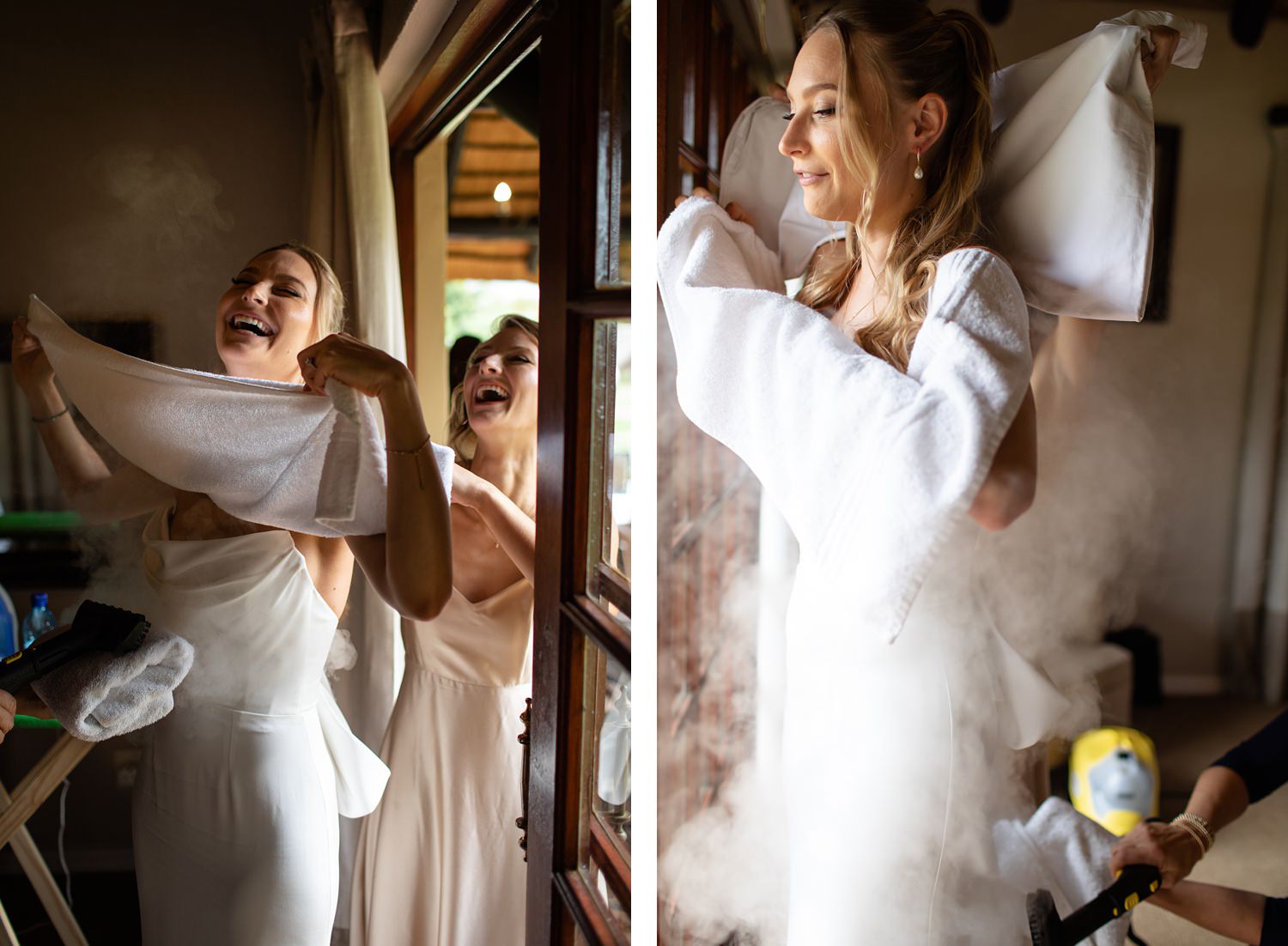 The bride has her dress steamed at her wedding in the Central Drakensberg