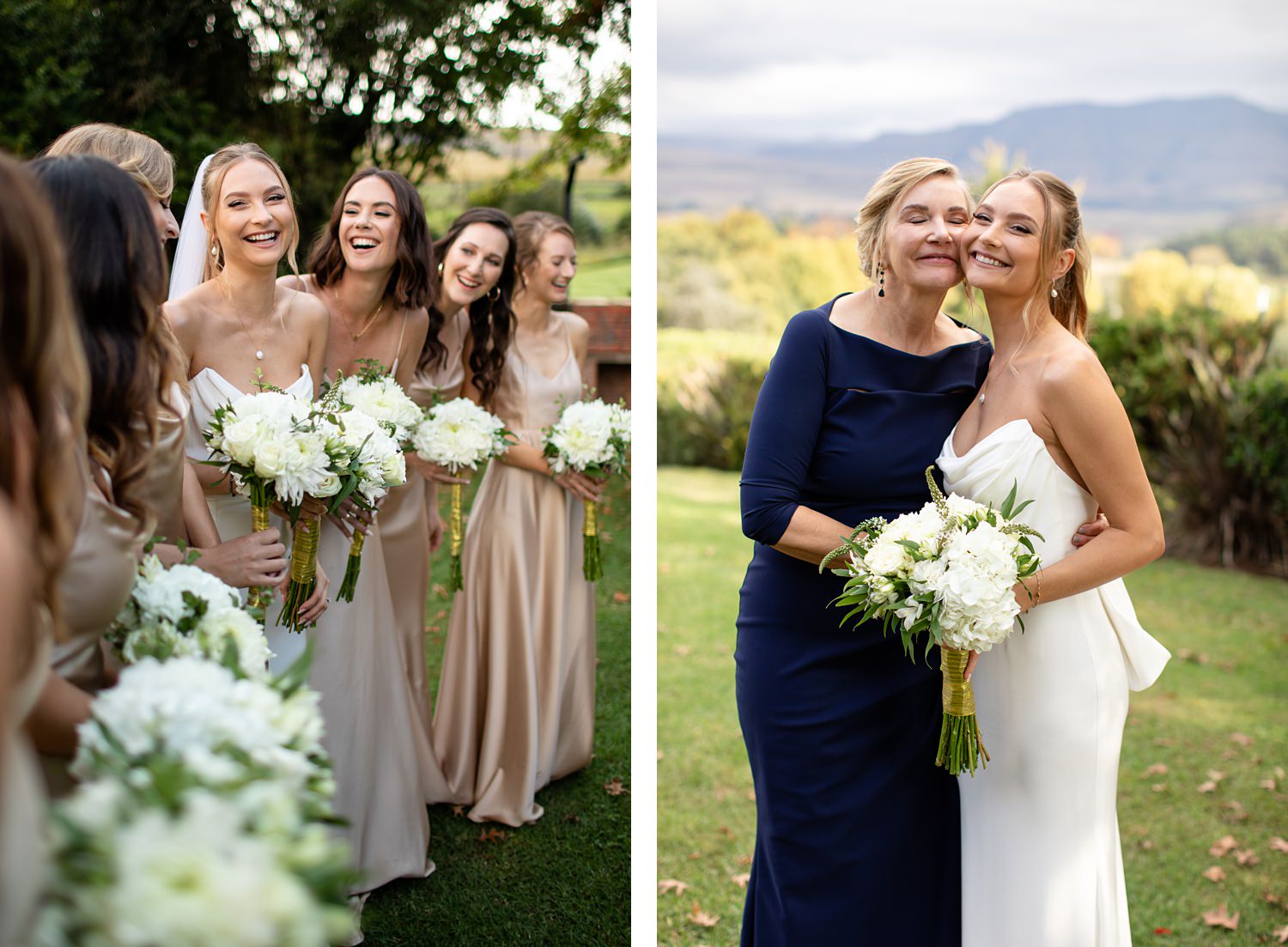 Bridal party and mother of the bride pose for photos at a Central Drakensberg wedding.