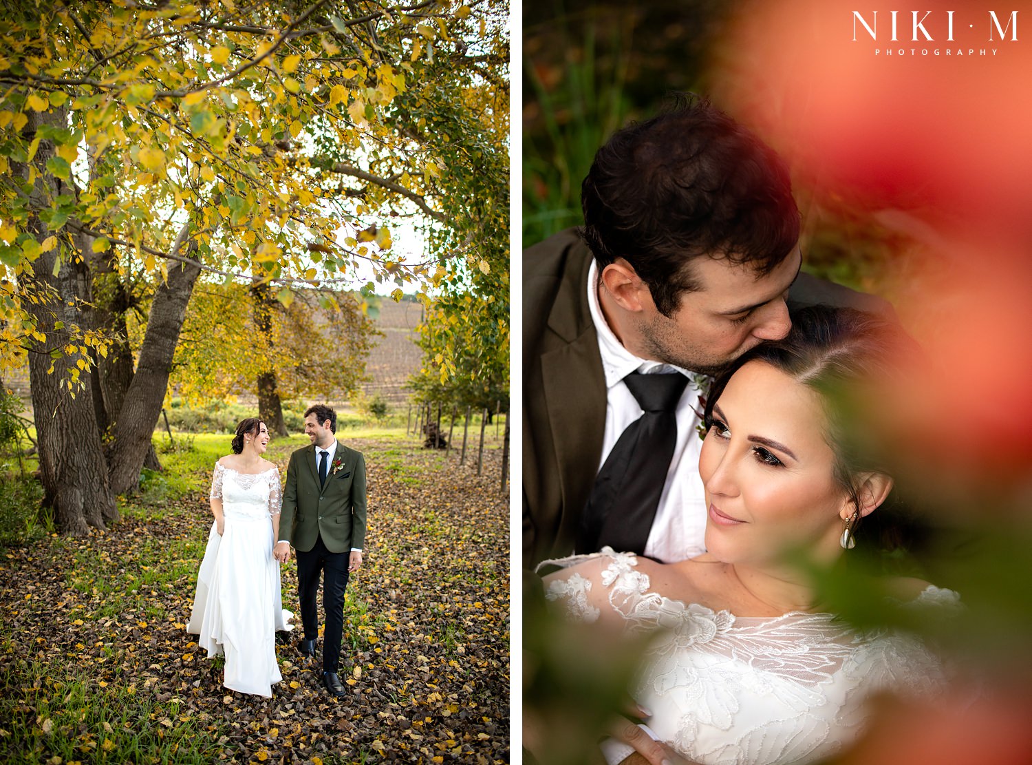 The wedding couple have their photos taken in the Autumn foliage during the month of May at their Elgin wedding