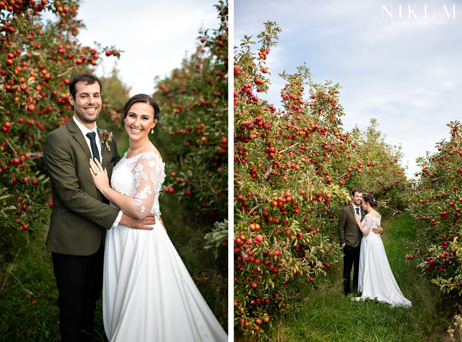 A bride and groom are surrounded by red apple trees in an apple orchard for their Elgin wedding at Cherry Glamping