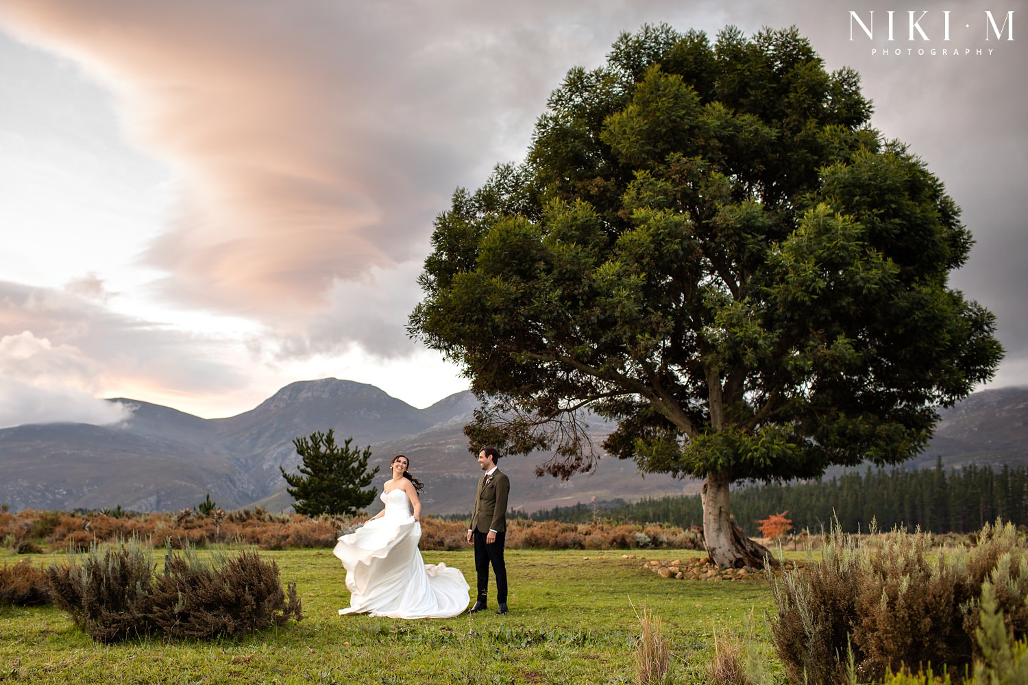 The bride spins in a field in her beautiful Fender Bridal dress, with a big tree and sunset mountains in the background. A stunning backdrop for anyone wanting to have an Elgin wedding.