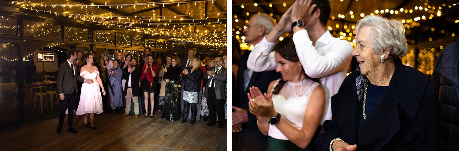 The bride and groom enter their reception venue with a dance at their Elgin wedding