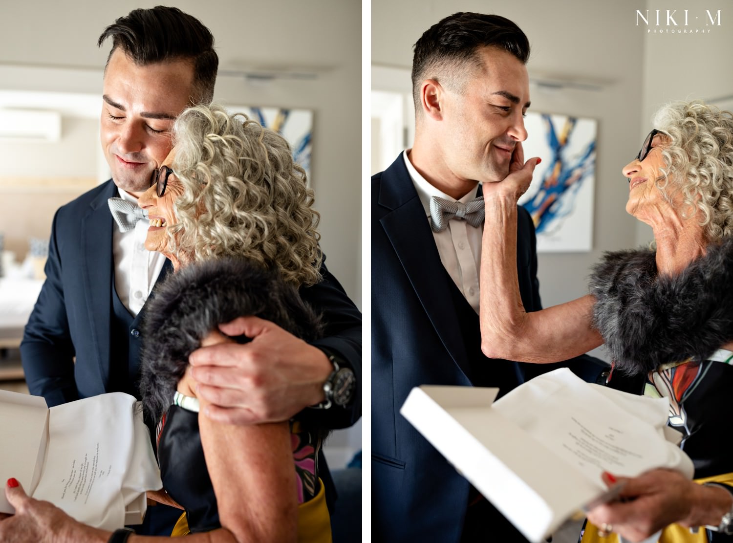 Groom gives his mother a gift by Kary M Designs on his wedding day