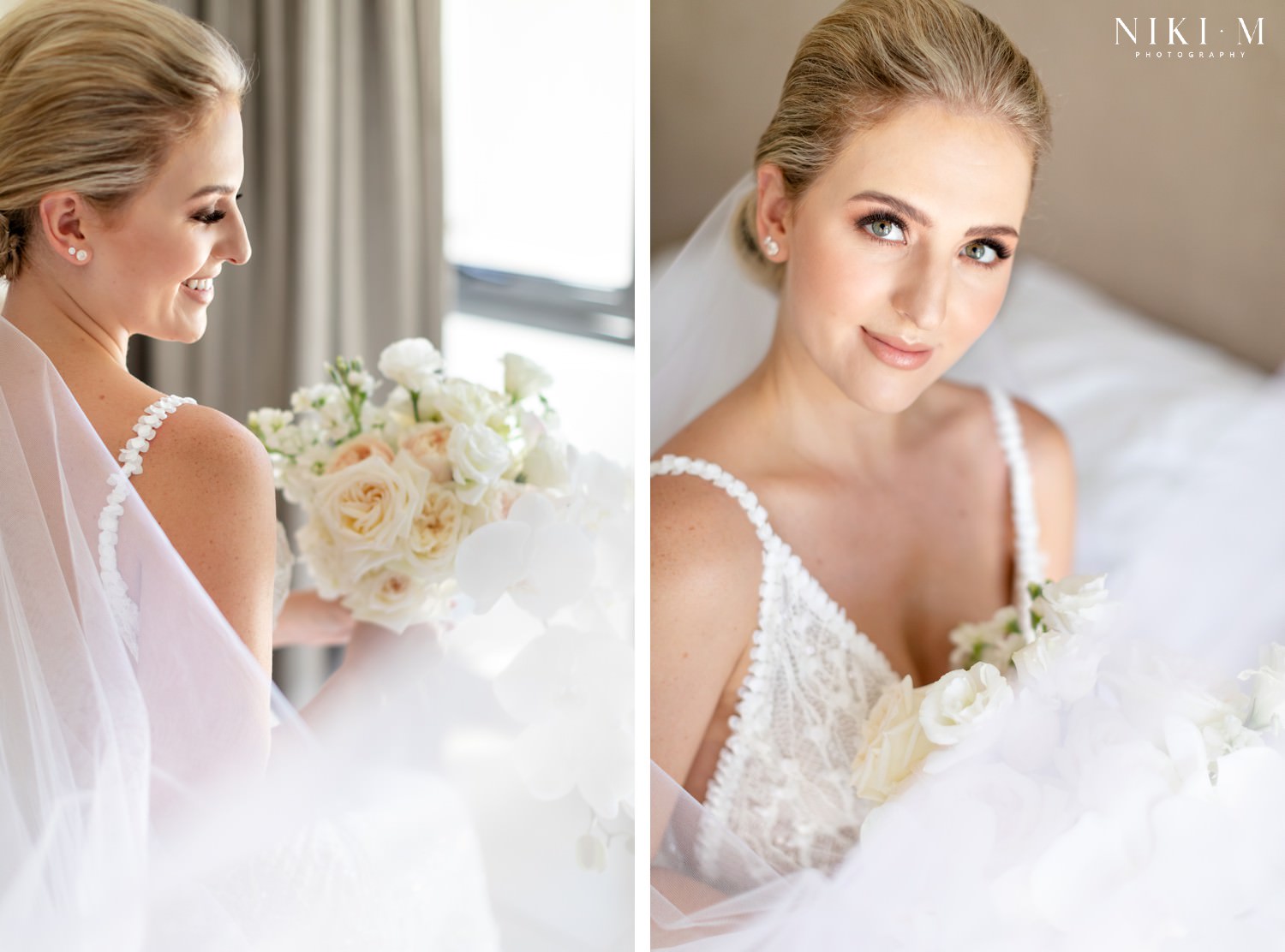Copper-toned classic make-up with low bun bridal look
