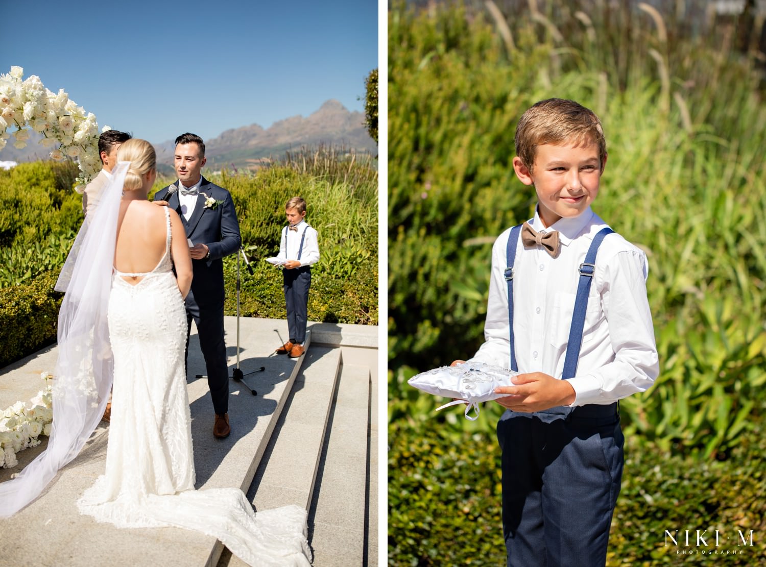 Cavalli Estate wedding in the sunken garden with white rose floral arch