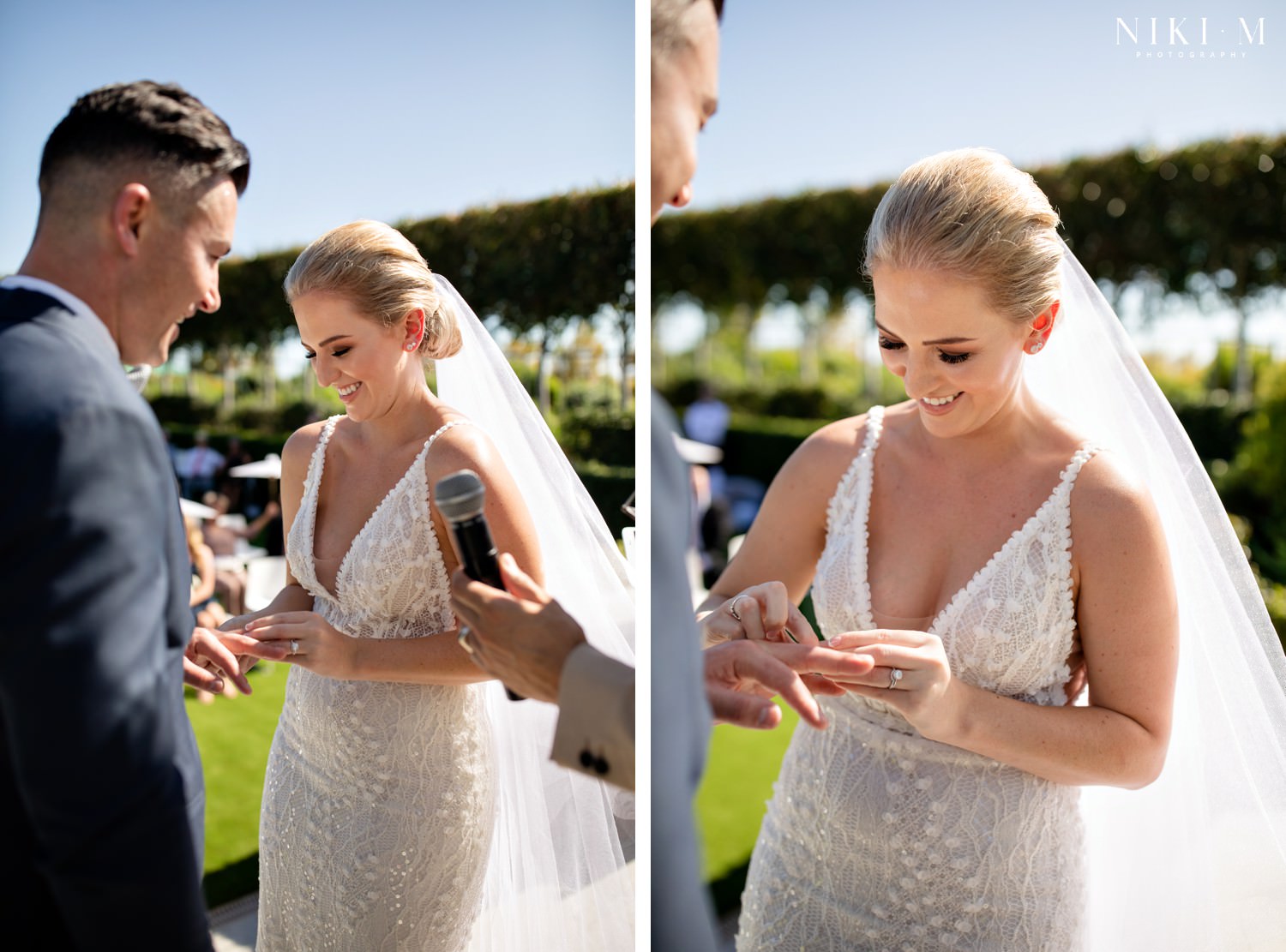 Bride and groom putting on wedding rings at their Cavalli Estate wedding in the sunken garden