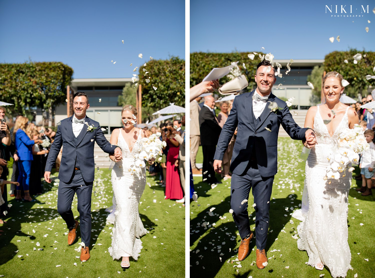 White rose petal toss in the sunken garden at a Cavalli Estate wedding in Cape Town