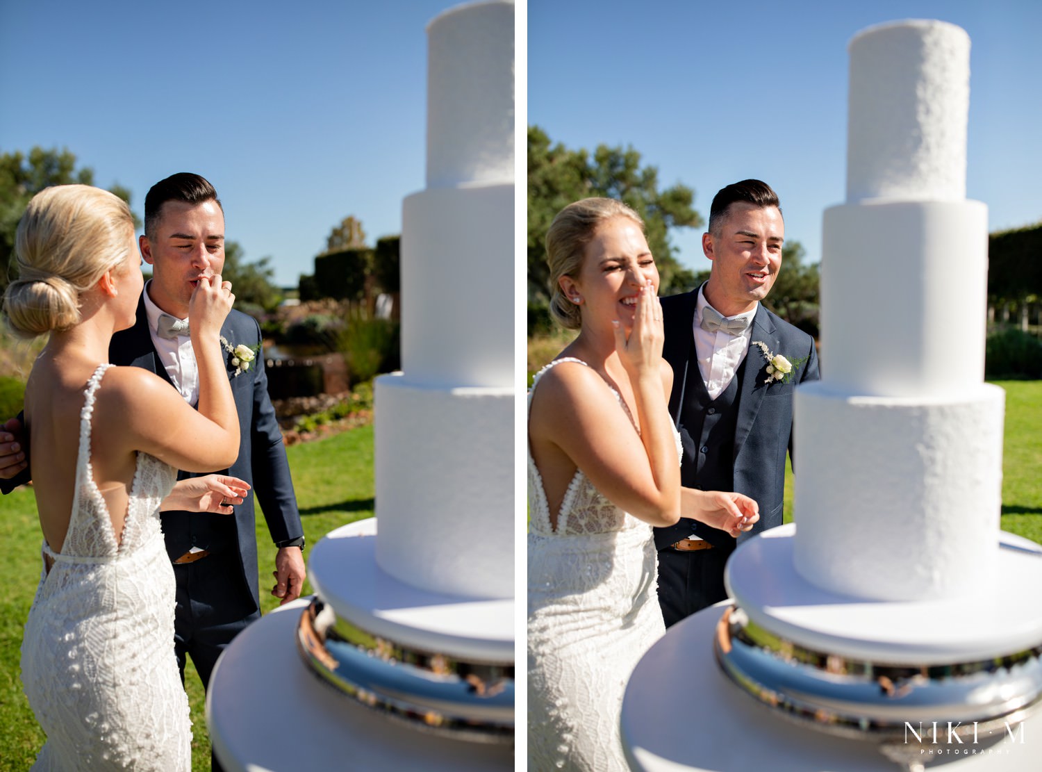 Cavalli Estate wedding cake cutting during canapes. Three tier classic white wedding cake with minimalist design and monogram