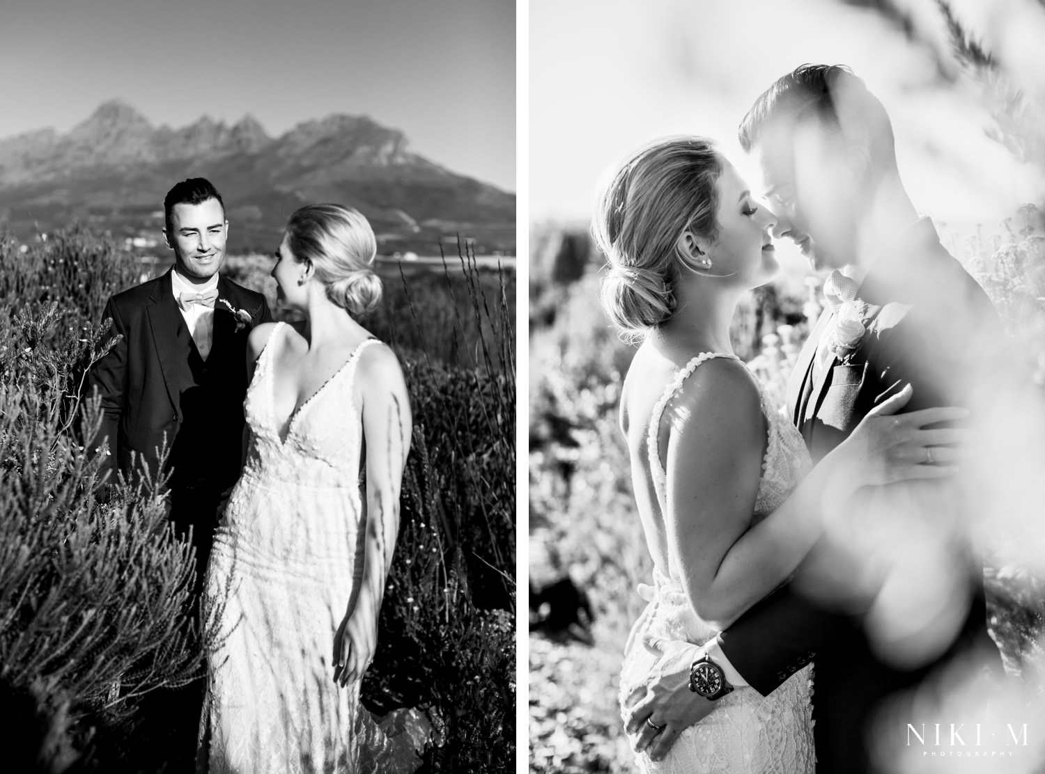 Bride and groom photographed in the fynbos gardens at their Cavalli Estate wedding