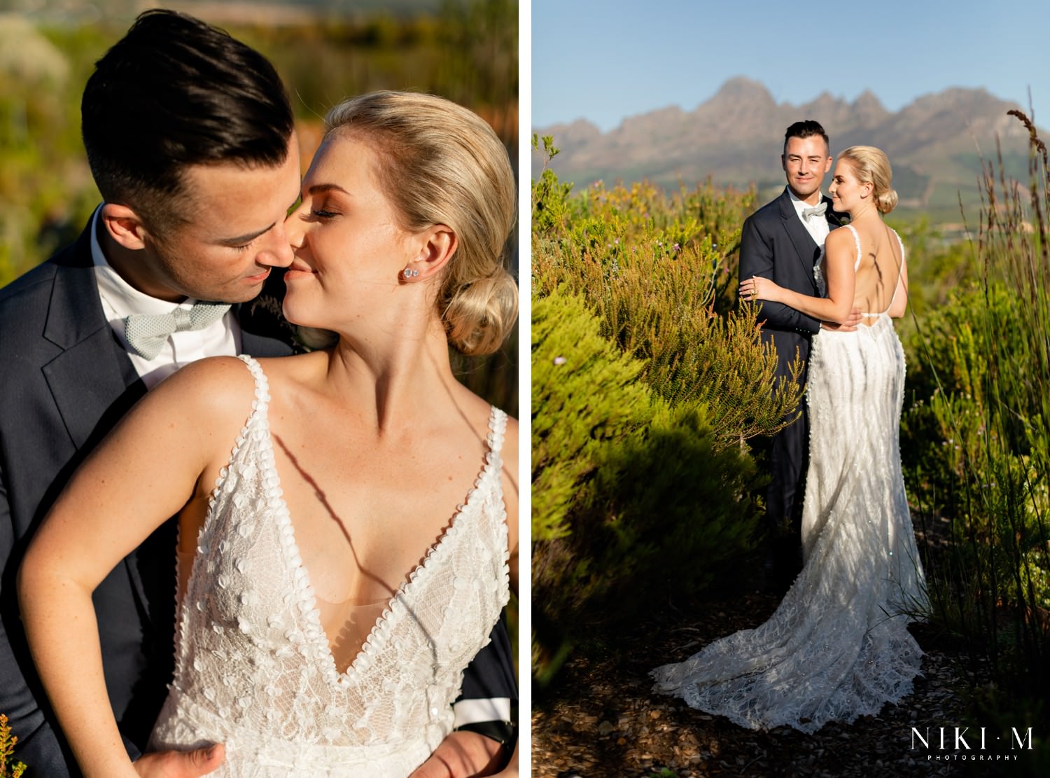 Bride and groom photographed in the fynbos gardens at their Cavalli Estate wedding