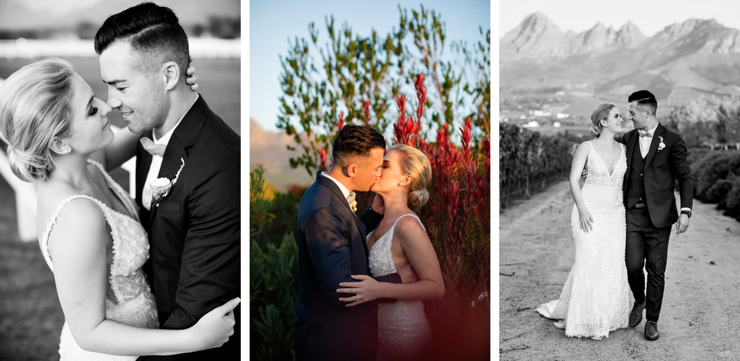 Bride and groom photographed in the fynbos gardens at their Cavalli Estate wedding