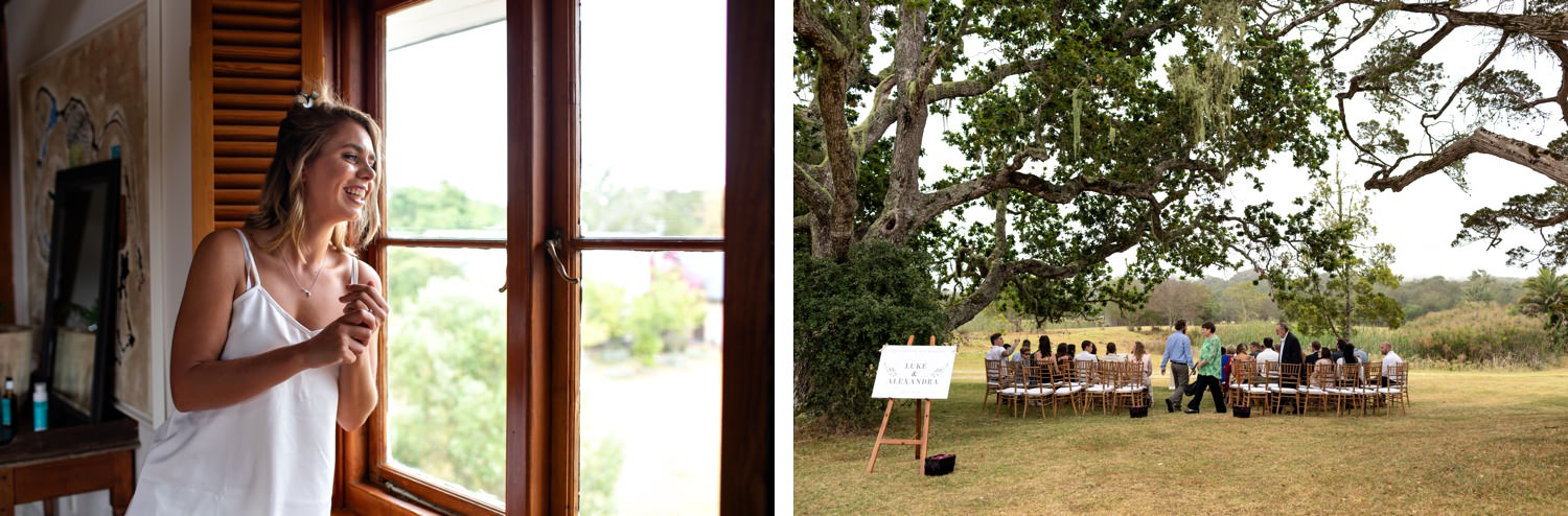 Lexi (the bride) looks out fo the window towards the ceremony area where guests are slowly taking their seats. Lexi and Luke's wedding at Forest Hall is featured in this article which covers how to plan your DIY wedding.