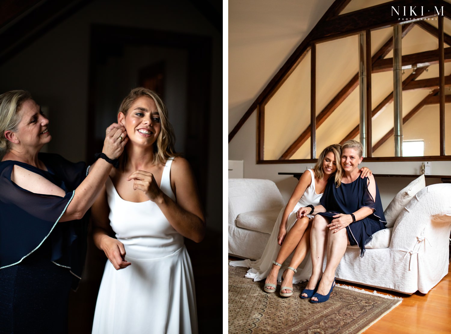 The bride's mother helps her to get ready.