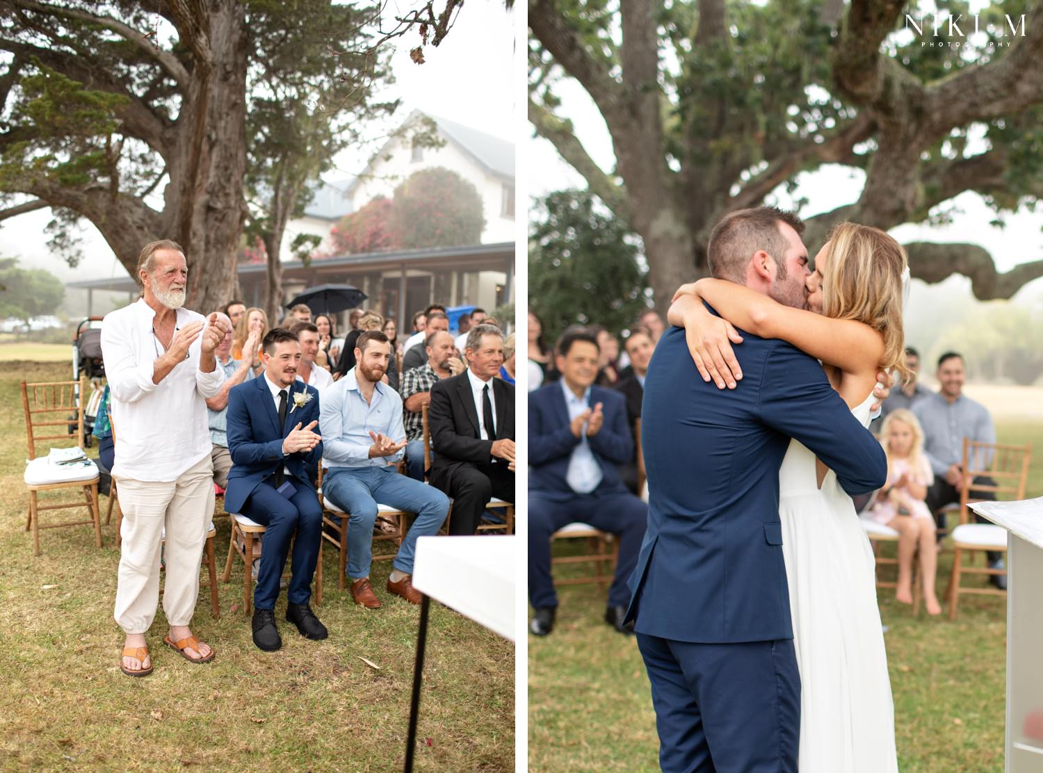 Guests cheer as Luke and Lexi kiss at their DIY wedding in the Crags, South Africa