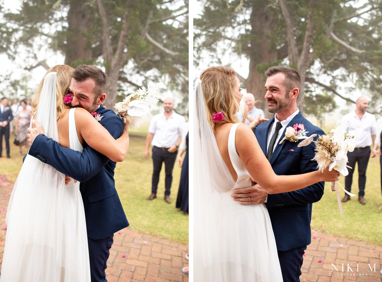 Luke (the groom) is overwhelmed with emotion after being showered with confetti by guests. He is shown hugging the bride and crying. Luke and Lexi had an incredible DIY wedding just outside Plettenberg Bay and are featured in this article called How to Plan your DIY Wedding.