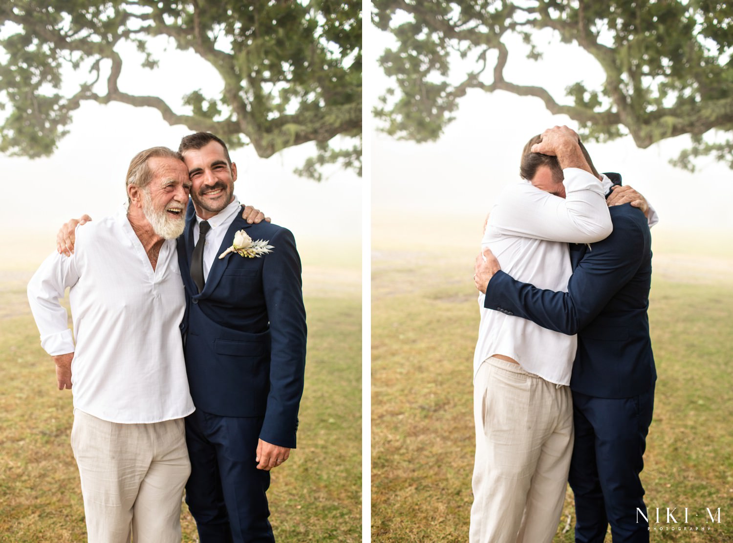 Lexi and Luke involved so many friends and family in their wedding, and they are sharing how they planned their DIY wedding. In this image, Luke the groom is seen hugging his father tightly.