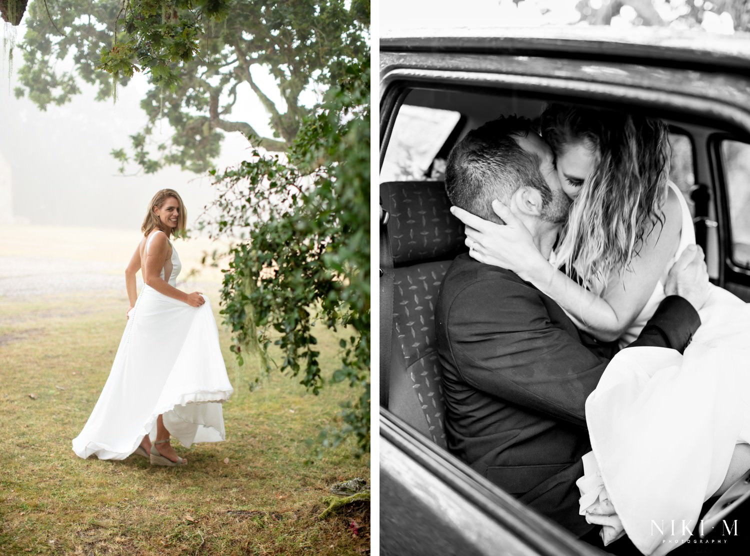 Photos of the bride and groom in their wedding car during a rainy section of their wedding day.