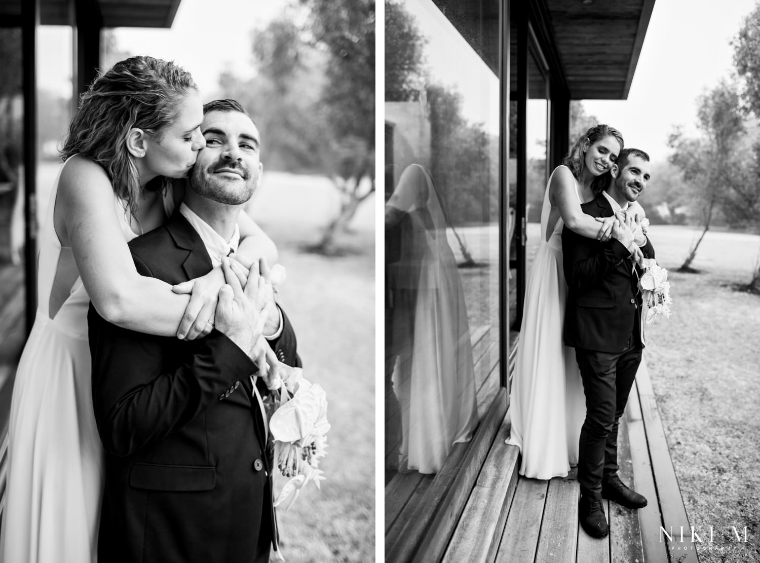 Simple black and white portraits of Lexi and Luke, the bride and groom, towards the end of their rainy couple photo session. They held their wedding at Forest Hall Estate and their laid-back attitude helped them plan and roll-out and incredible DIY wedding!