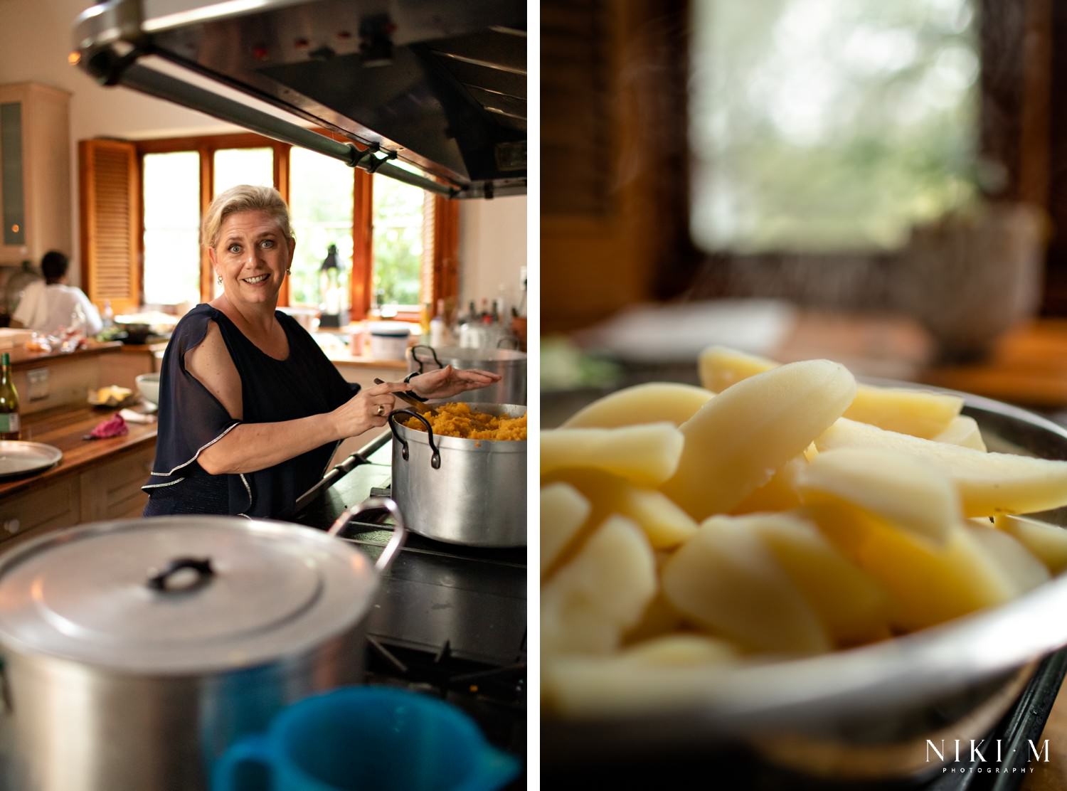 The bride's mother preps food at their DIY wedding at Forest Hall Estate near Plettenberg Bay