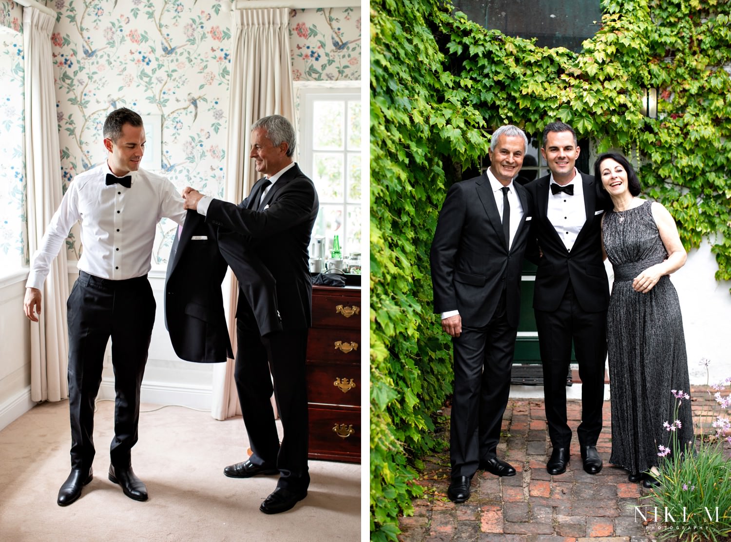 The groom is photographed with his parents at garden route wedding preparation venue called Fairview House, which has old-world charm.